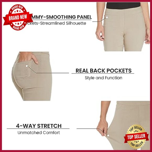 Tummy Control Pull-On Capri Pants with Wide Band, Straight Leg Fit - Picture 3 of 7